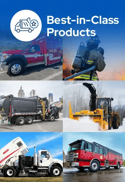 Municipal equipment and emergency response vehicles featuring fire apparatus, ambulance services, refuse collection trucks, street sweepers, and snow removal equipment.