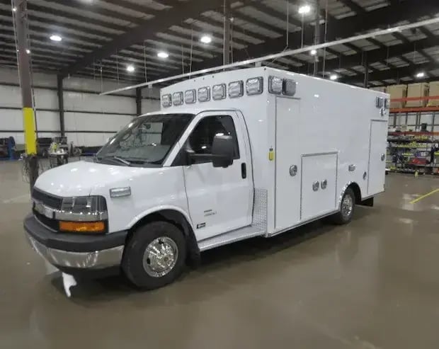 Braun Chief XL Type III ambulance with a van-based chassis, enlarged patient care compartment, and emergency lighting designed for medical transport and emergency response.