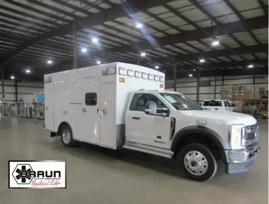 Braun Type I ambulance with a truck-based chassis, modular patient compartment, and emergency response equipment.