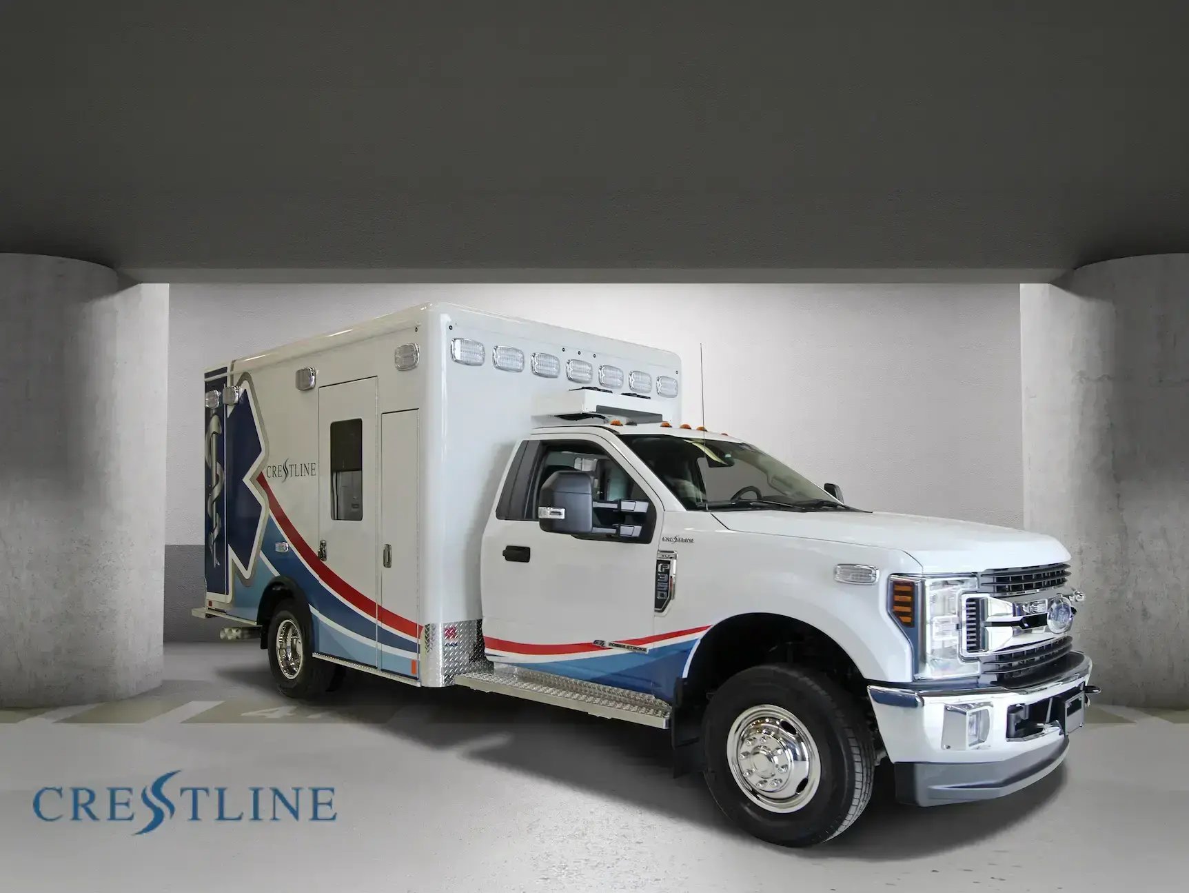 Crestline Type I ambulance with a modular patient compartment and emergency response equipment.