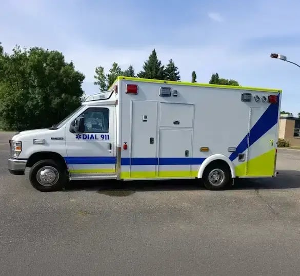 Demers Type III MX170 ambulance with a van chassis, modular patient compartment, emergency lighting, and exterior storage compartments.