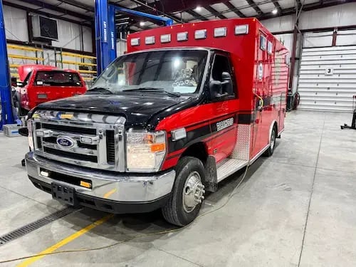 Remounted ambulance mounted on a replacement chassis to maximize fleet lifespan and reduce replacement costs.