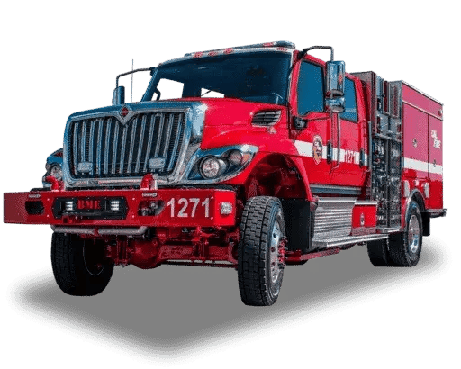 BME Type 3 Cal Fire Model 34 engine with a crew cab, side equipment compartments, emergency lighting, and a utility-style fire body.