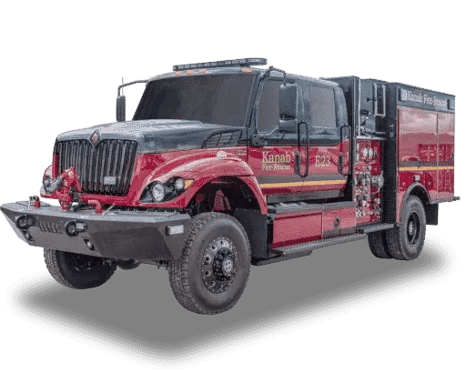 BME Type 3 Summit fire engine with a crew cab, side equipment compartments, off-road tires, and a utility-style fire body.