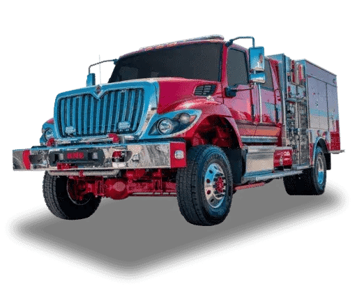 BME Type 3 Targhee fire engine with a crew cab, side equipment compartments, off-road tires, and a utility-style fire body.