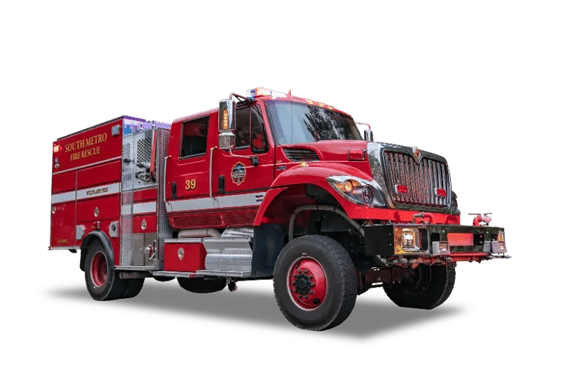 BME Type 3 fire engine with a crew cab, side equipment compartments, and a brush truck body mounted on an International chassis.