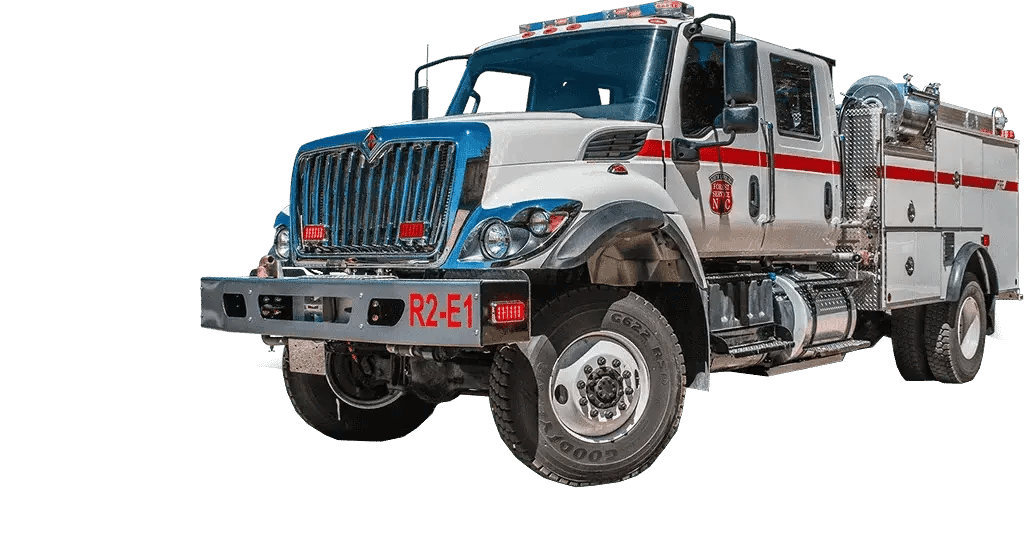 BME Type 4 Aspen wildland truck with a crew cab, side equipment compartments, off-road tires, and a utility-style fire body.