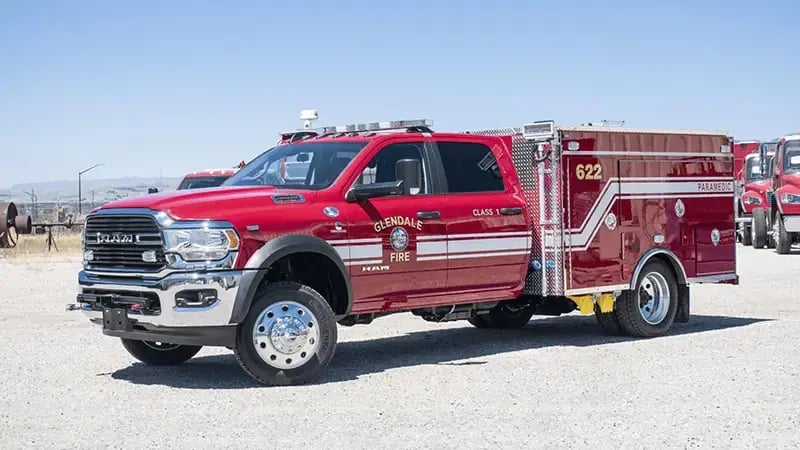 BME Type 6 Ponderosa truck shown from the side, featuring a utility body, equipment compartments, off-road tires, and emergency warning lights.