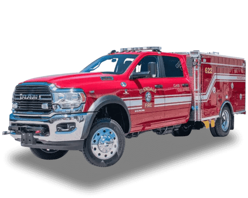 BME Type 6 Ponderosa truck with a utility body, equipment compartments, off-road tires, and emergency warning lights.