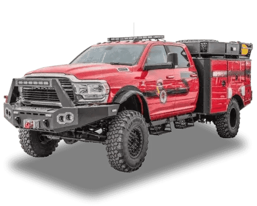 BME Xtreme Type 6 Sawtooth truck with a utility body, equipment compartments, off-road tires, and emergency warning lights.