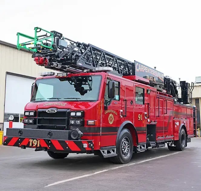 Pierce aerial ladder apparatus with an elevated ladder system, emergency response equipment, and firefighter access features designed for rescue and fire suppression operations.