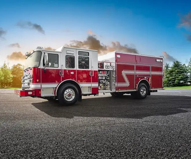 Pierce heavy-duty pumper fire apparatus equipped with a high-capacity pump system, equipment compartments, and emergency response features.