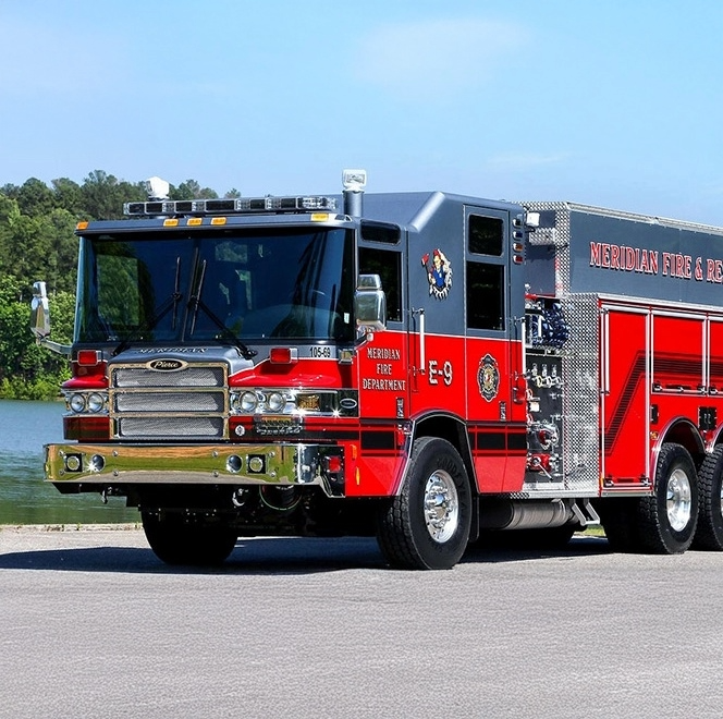 Pierce pumper-tanker fire truck parked, showing water tank, pump system, and hose storage compartments.