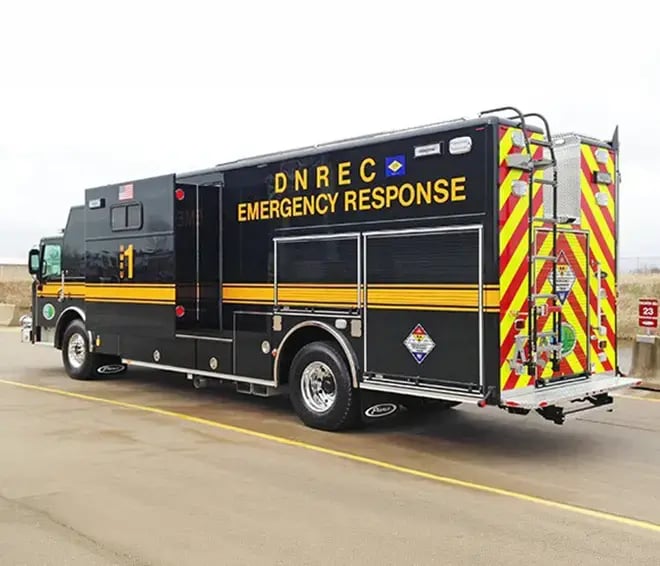 Pierce combination rescue truck with compartments for firefighting and rescue equipment, supporting multiple emergency response functions.