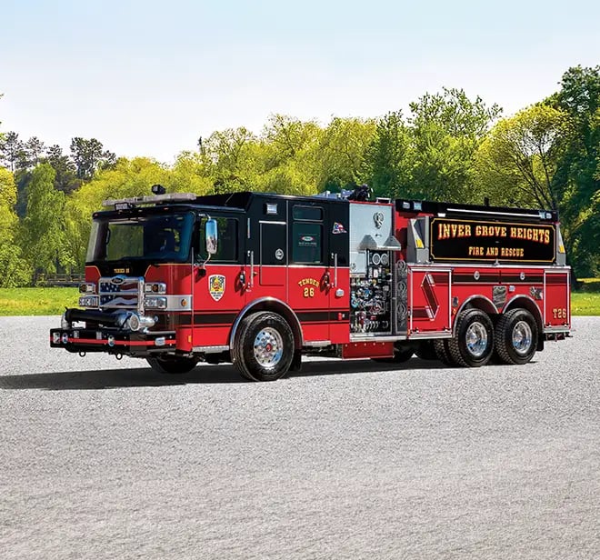 Right-side view of a Pierce pumper tanker with a water tank body, pump panel, and exterior equipment compartments.