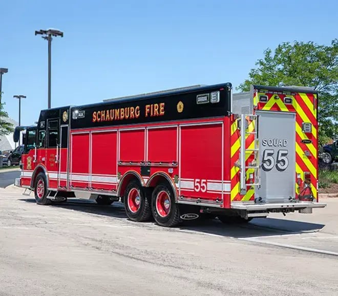 Pierce rescue truck without walk-in body, showing exterior compartments for tools and emergency rescue equipment.
