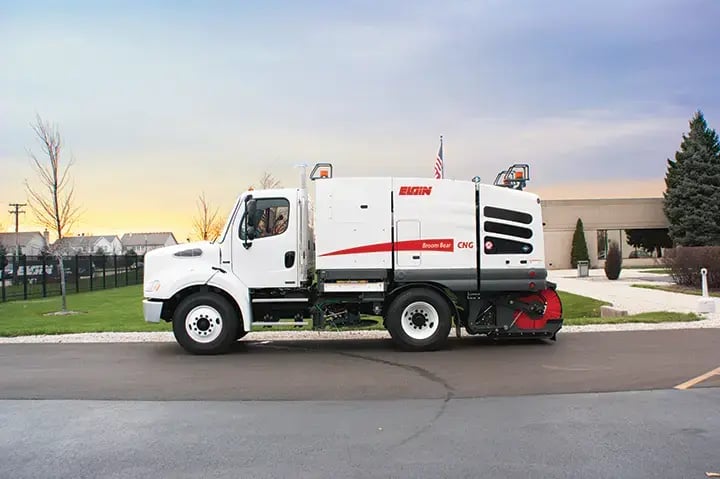Elgin Broom Bear mechanical sweeper designed for efficient street cleaning, debris collection, and municipal maintenance.