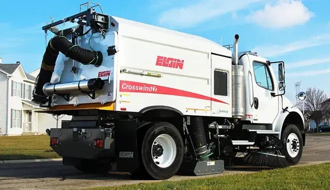Elgin Crosswind regenerative air street sweeper designed for efficient dust control, debris collection, and municipal street cleaning.
