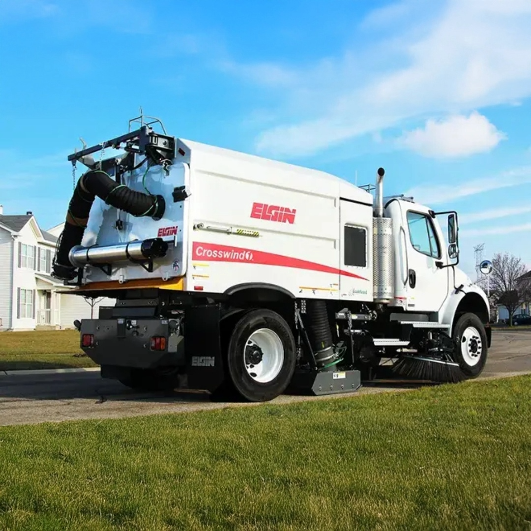 Elgin Crosswind regenerative air street sweeper designed for efficient dust control, debris collection, and municipal street cleaning.