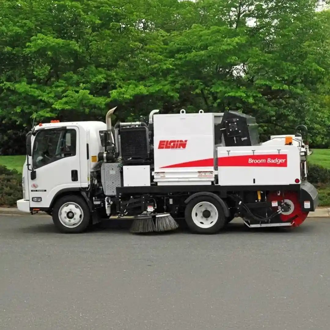 Elgin Broom Badger mechanical street sweeper designed for municipal street cleaning and efficient debris collection.