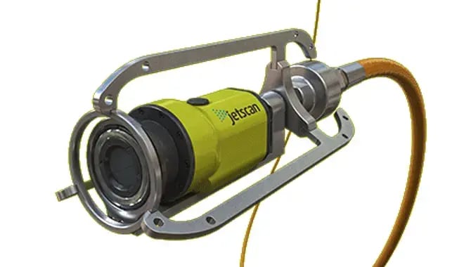 Envirosight JetScan sewer inspection camera mounted on a jetting hose for real-time video inspections of stormwater, wastewater, and sewer pipelines.