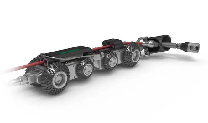 Envirosight ROVVER Lateral Launch robotic sewer inspection system with crawler, lateral camera, and cable for inspecting mainline pipes and lateral connections.
