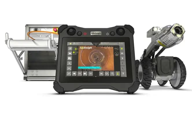 Envirosight ROVVER X robotic sewer inspection system with touchscreen controller, cable reel, and crawler camera for high-definition underground pipe and wastewater infrastructure inspections