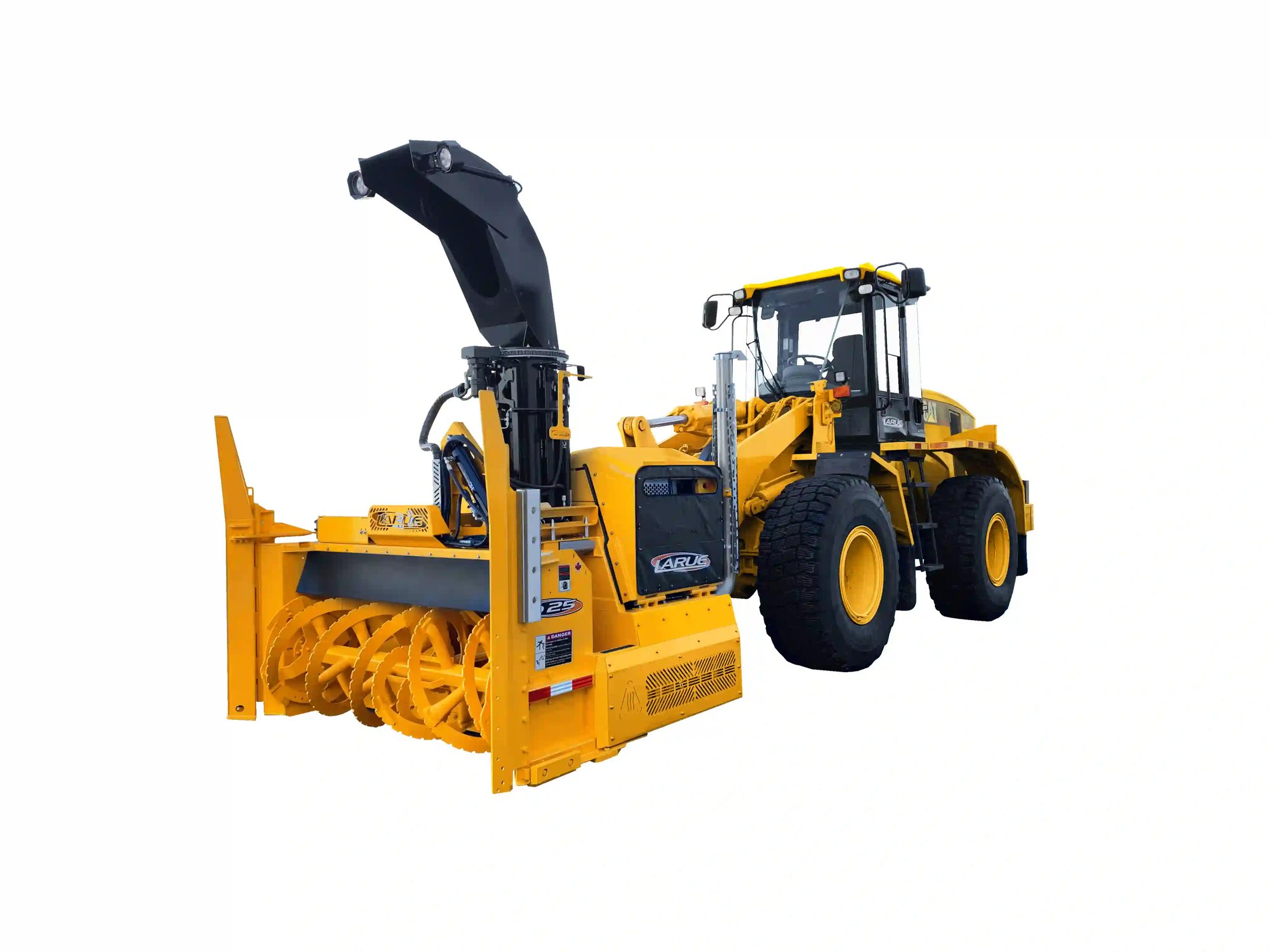 Heavy-duty loader-mounted rotary snow blower system for airports, highways, and municipalities, featuring a high-capacity auger, adjustable discharge chute, and wheel loader for efficient snow removal in severe winter conditions.