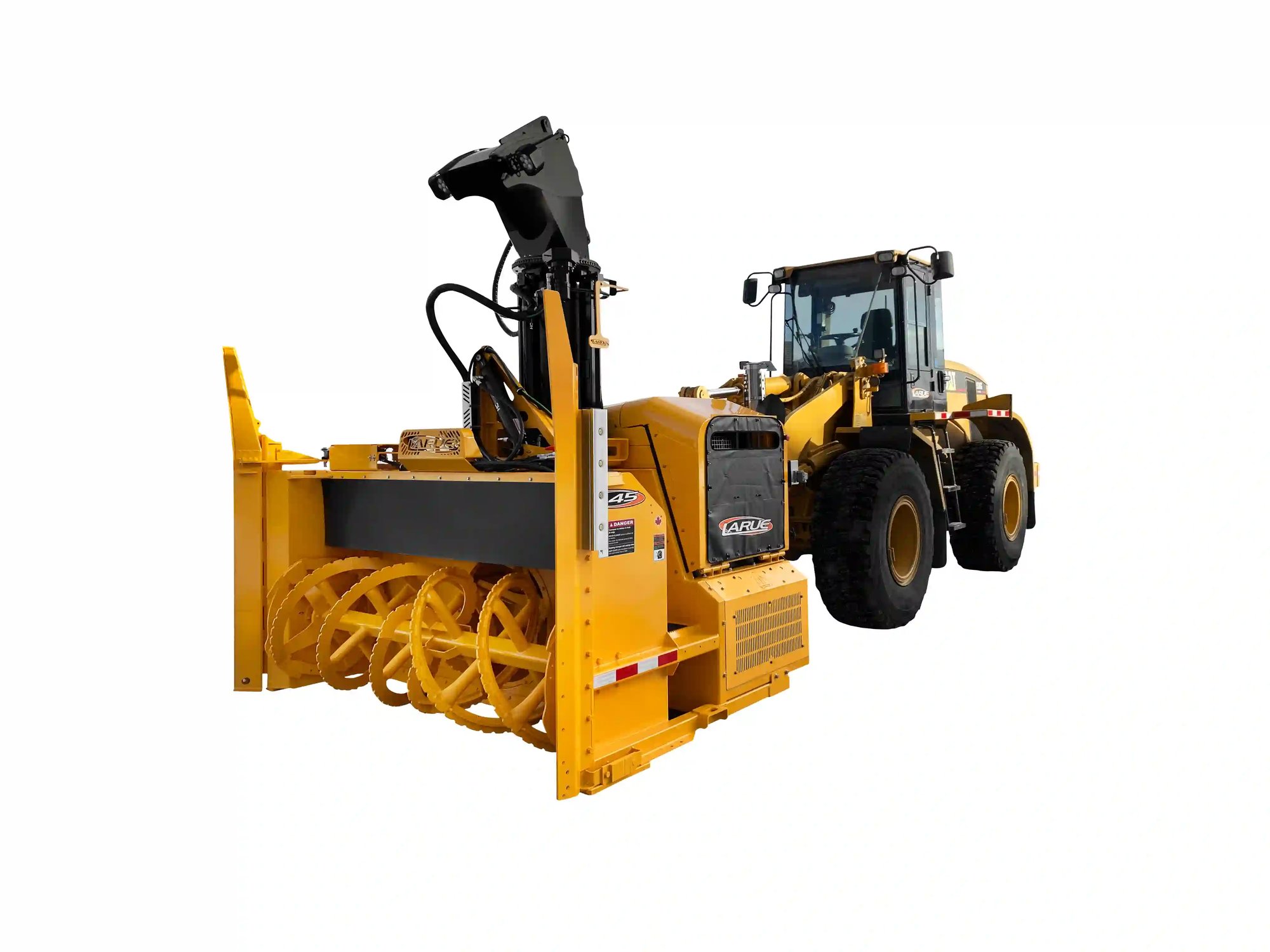 High-capacity loader-mounted rotary snow blower system for airport runways, highways, and municipal snow removal, featuring a heavy-duty wheel loader, adjustable discharge chute, and industrial auger for efficient snow clearing.