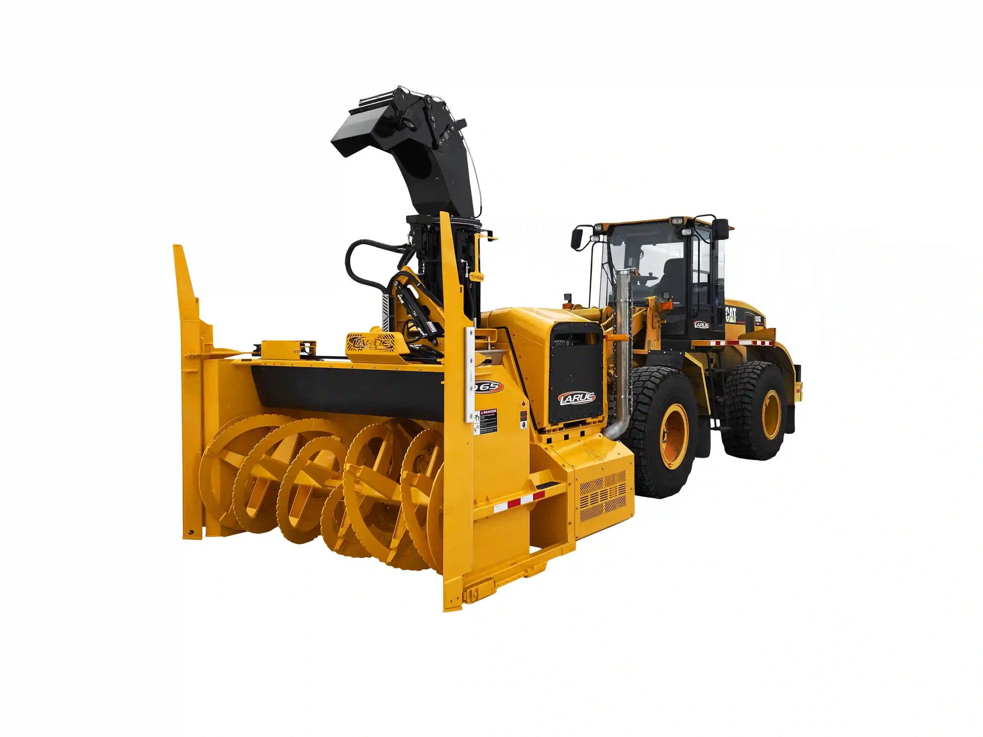 High-capacity loader-mounted rotary snow blower system for airport runways, highways, and municipal snow removal, featuring a heavy-duty wheel loader, adjustable discharge chute, and industrial auger for efficient snow clearing.