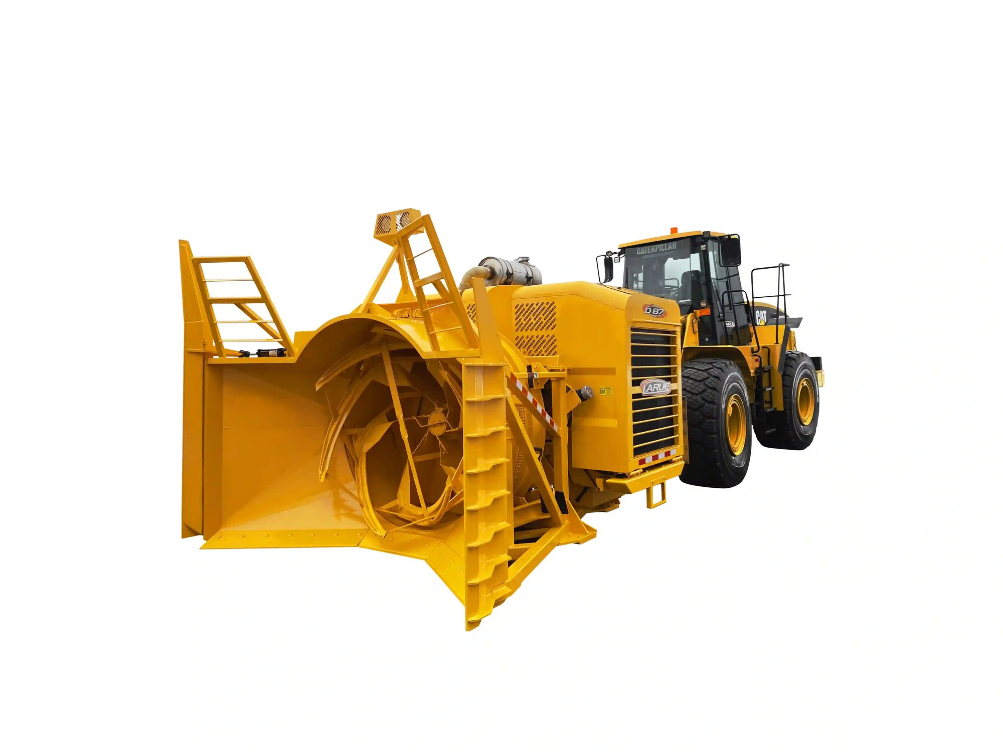 Heavy-duty rotary snow blower attachment mounted on a Caterpillar wheel loader for airport, highway, municipal, and industrial snow removal. High-capacity impeller design delivers powerful snow-clearing performance in extreme winter conditions.