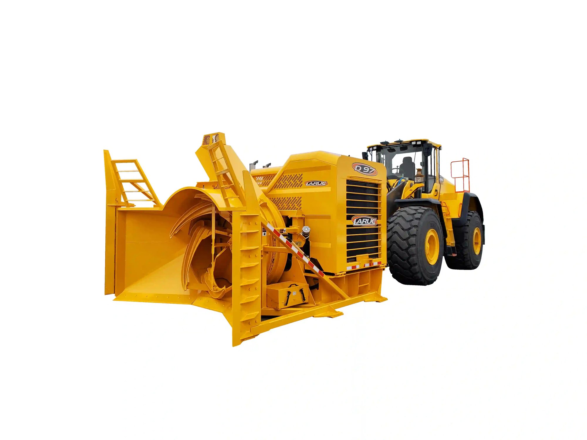 Heavy-duty rotary snow blower attachment mounted on a Caterpillar wheel loader for airport, highway, municipal, and industrial snow removal. High-capacity impeller design delivers powerful snow-clearing performance in extreme winter conditions.