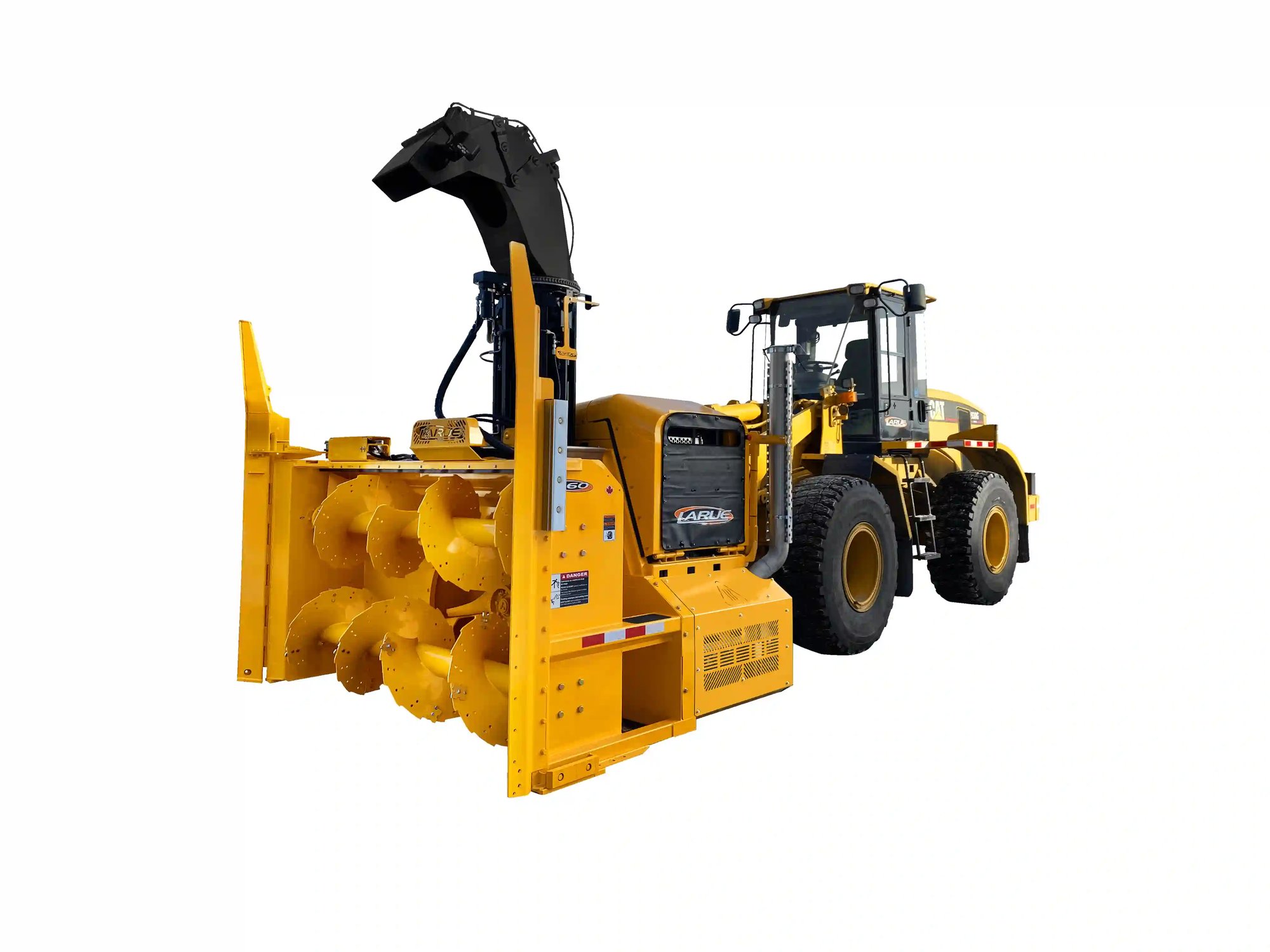 Industrial loader-mounted snow blower attachment designed for airport runway, highway, and municipal snow removal, featuring a high-capacity auger and adjustable discharge chute for efficient snow clearing.