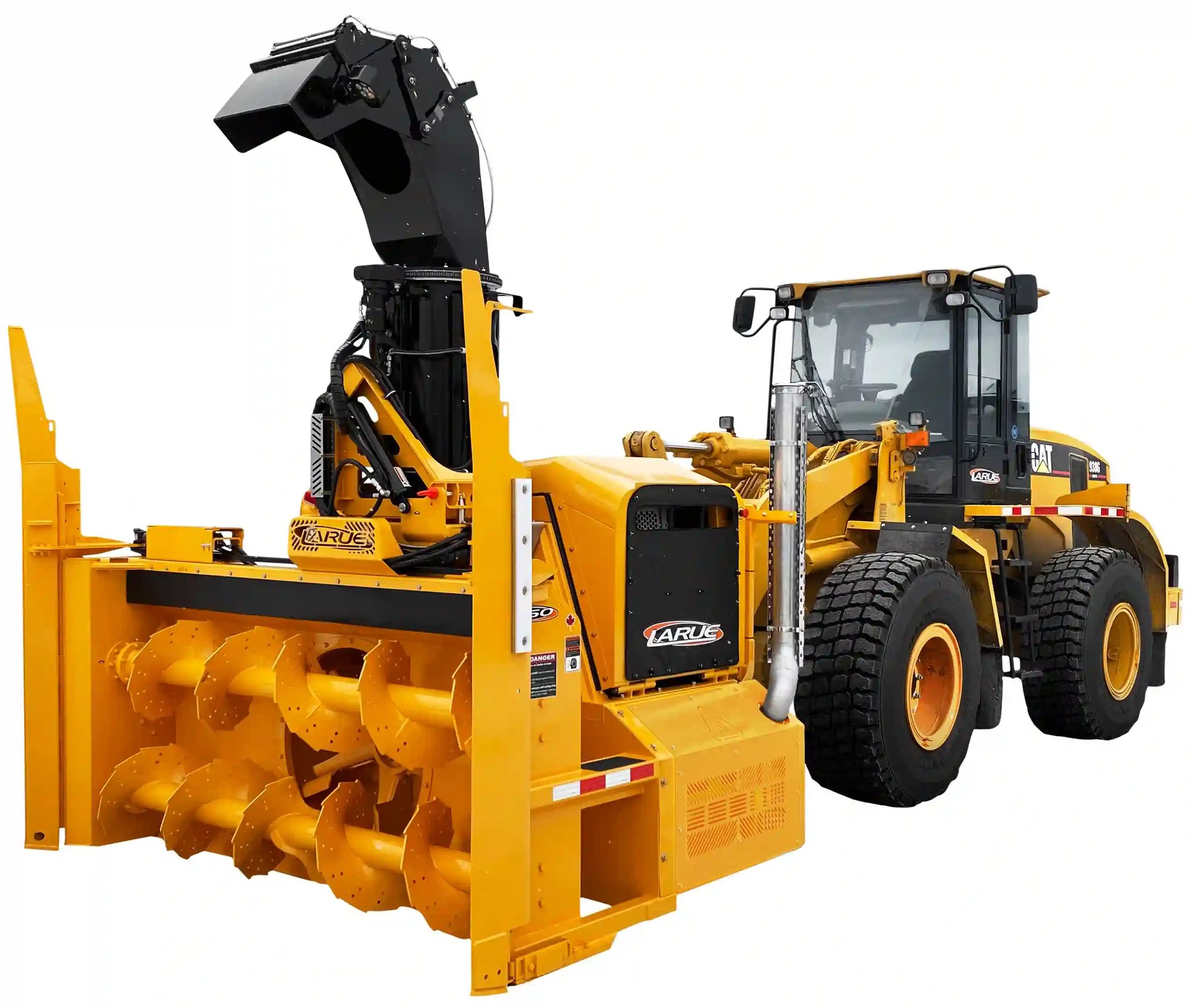 High-capacity loader-mounted rotary snow blower attachment for airports, highways, and municipal snow removal, featuring an adjustable discharge chute for efficient heavy snow clearing.