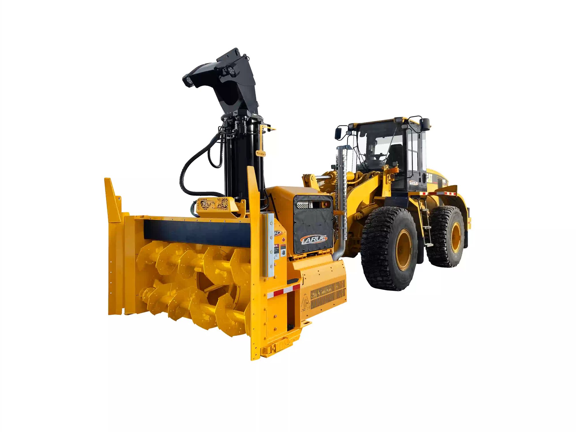Heavy-duty loader-mounted snow blower attachment designed for airport snow removal, clearing runways, taxiways, and large commercial properties with high-capacity snow-throwing performance.