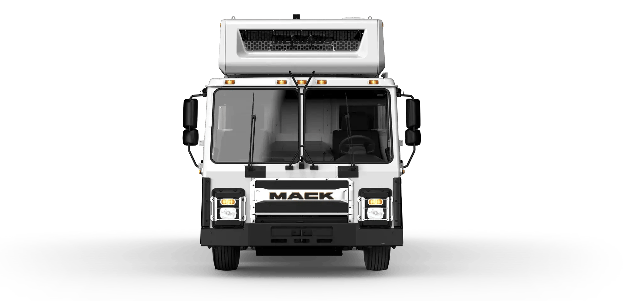 Front view of a McNeilus rear-loader refuse truck designed for commercial and municipal waste collection, featuring a durable cab and high-capacity waste collection body.