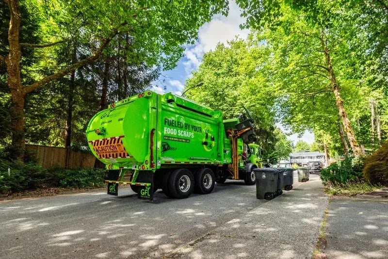 Rear side view of a McNeilus ZR automated side loader mounted on a Mack refuse truck chassis.