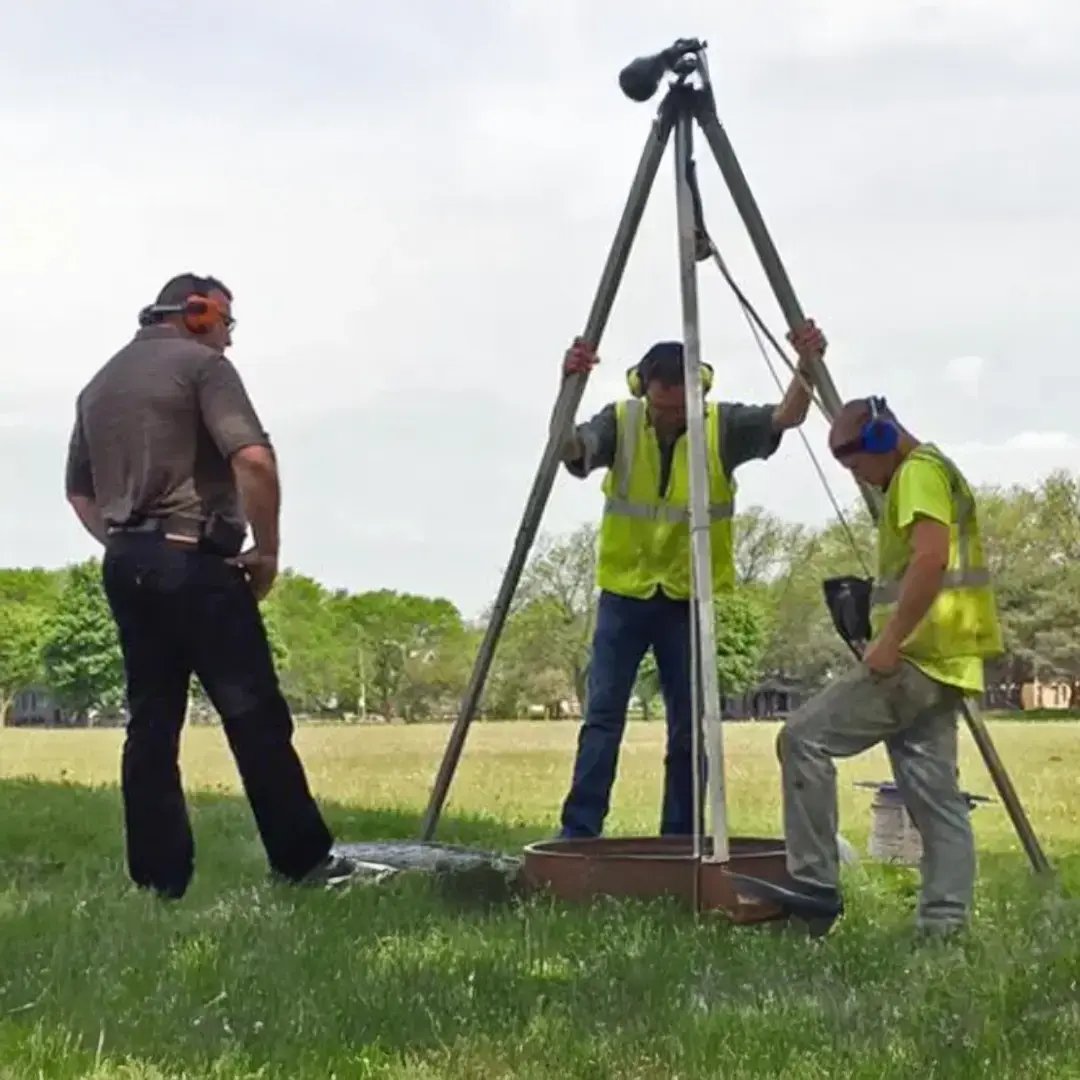 Workers using Sonetics wireless headsets outdoors, maintaining clear team communication and coordination during field operations and equipment-related tasks.