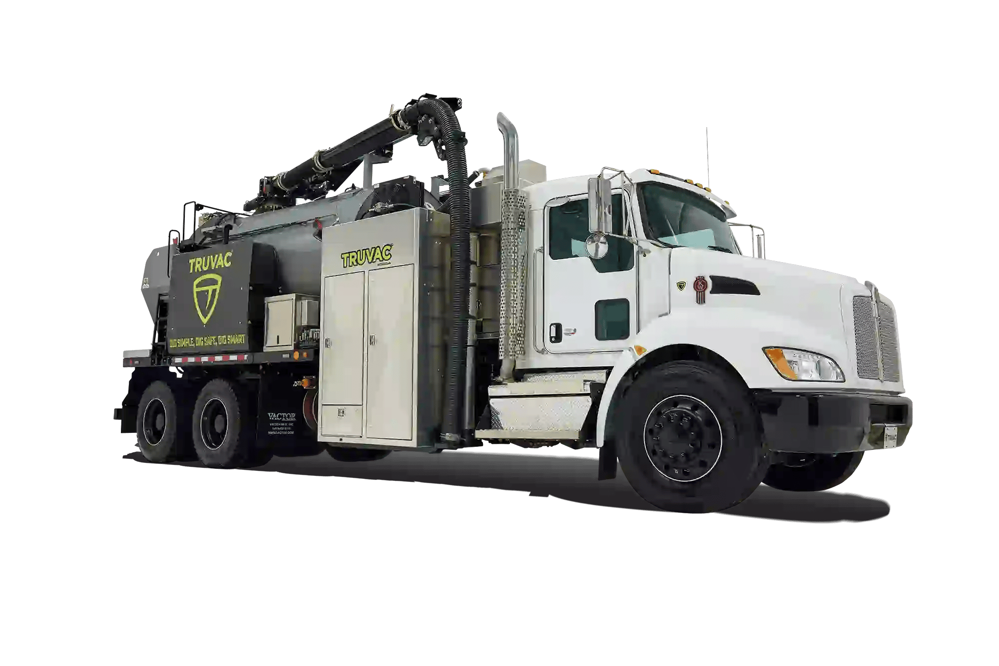 Side view of a TRUVAC hydro excavation truck with background removed, showcasing its vacuum excavation system, debris tank, and utility service configuration.