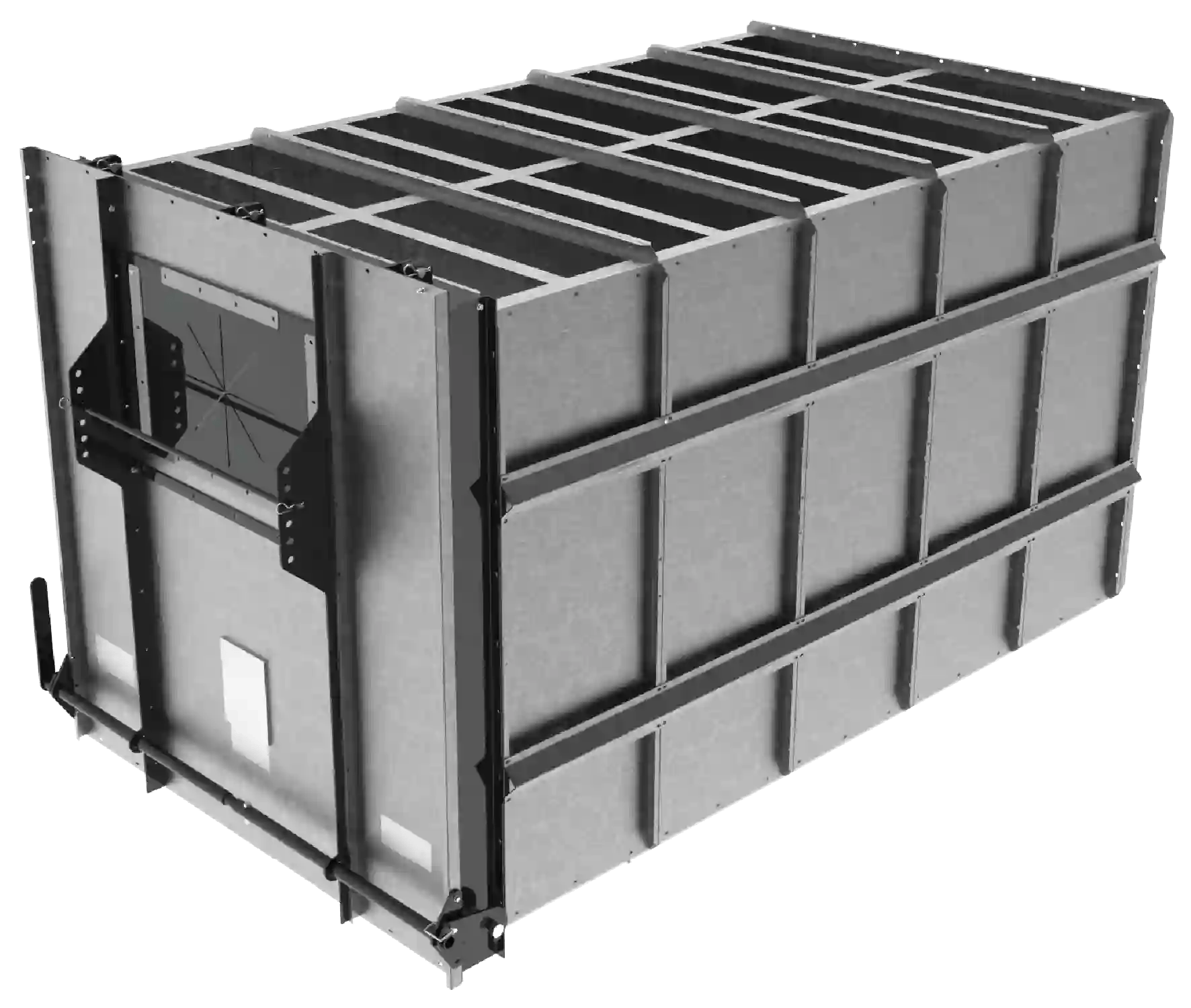 Titan Leaf Locker with background removed, highlighting its enclosed debris containment system designed for secure leaf collection, storage, and transport operations.