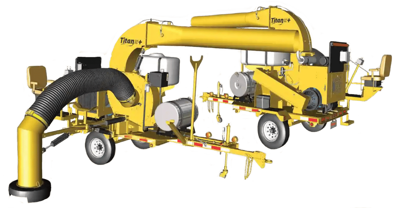 Titan Leaf Pro Plus with background removed, showcasing its enhanced debris collection capacity and equipment design for efficient leaf pickup and material handling.
