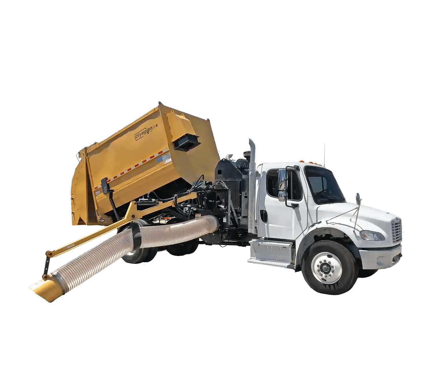 Titan Olympian II chassis-mounted leaf collection system with background removed, highlighting its debris containment body, vacuum components, and vehicle-mounted design.