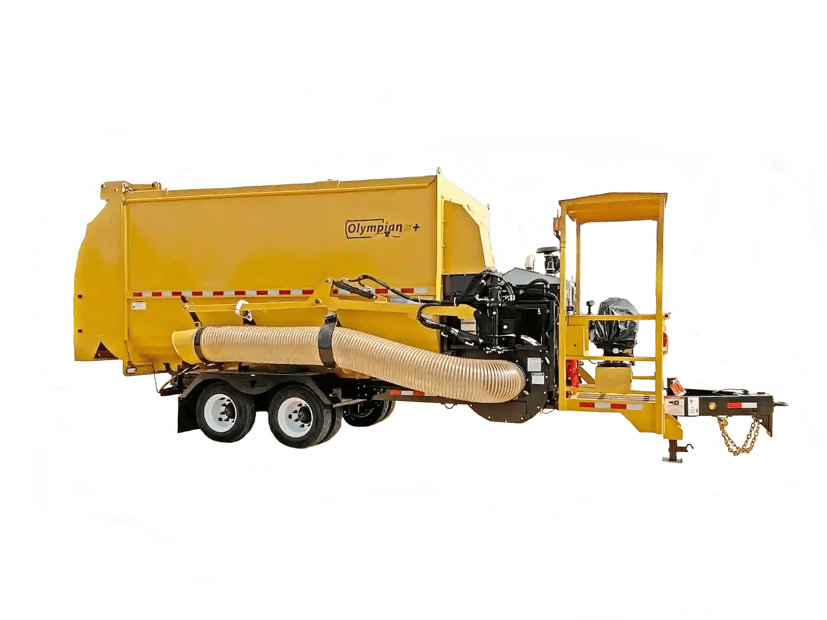 Titan Olympian II Pro Plus trailered vacuum system connected to a dump truck, featuring a high-capacity debris collection unit and articulated vacuum boom for leaf removal operations.