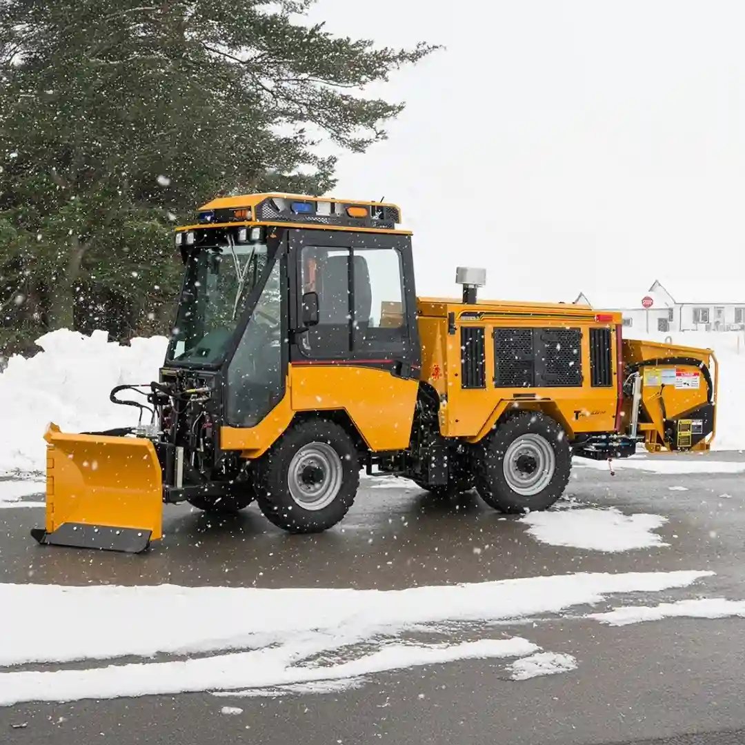 Trackless MT7 all-season utility tractor featuring a front plow and rear-mounted snow blower for clearing roads, sidewalks, parking lots, and public spaces.