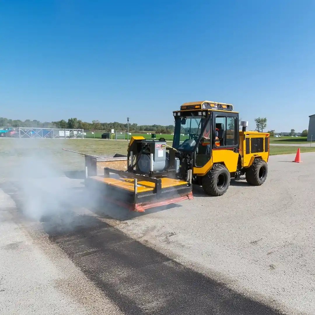 Trackless MT7 municipal tractor operating with a crack sealing attachment, applying hot sealant to pavement cracks during asphalt maintenance to extend roadway life and reduce surface deterioration.