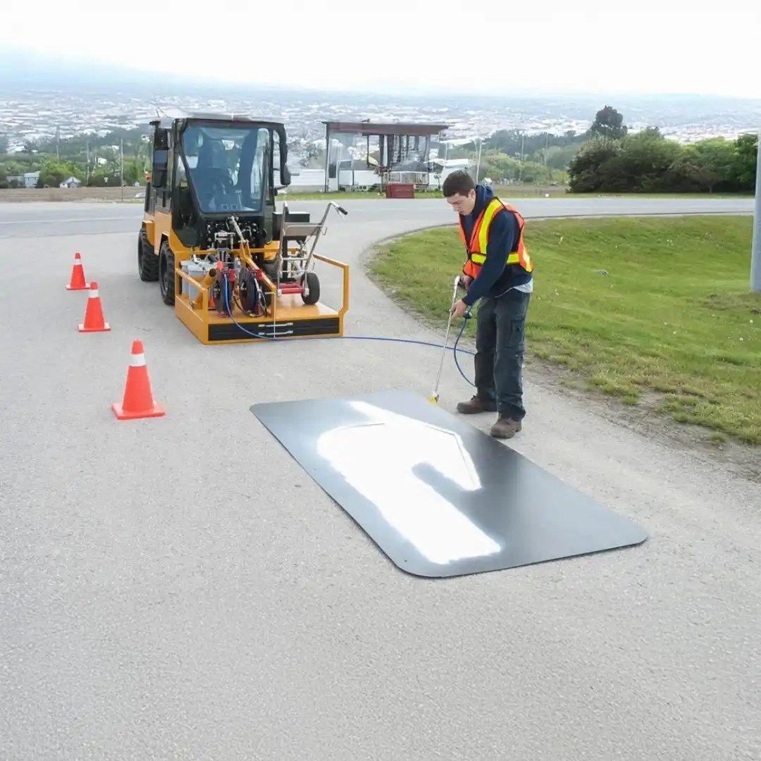 Worker wearing a high-visibility safety vest operates a Trackless MT7 pavement marking system, spray-painting a directional arrow stencil on a roadway while the municipal tractor remains positioned behind with traffic cones marking the work area.