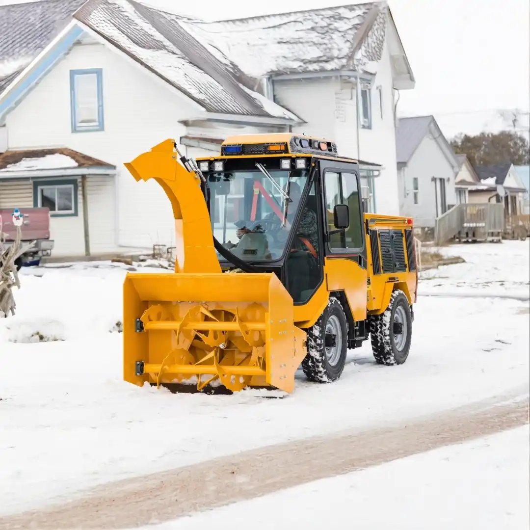 Trackless MT7 municipal tractor equipped with a front-mounted twin auger snow blower for clearing heavy snow from roads, sidewalks, and residential streets.