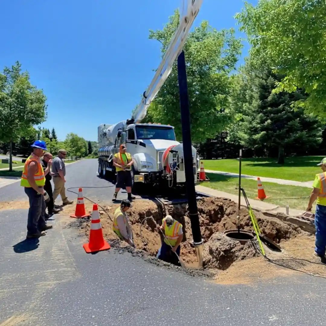 Vactor combination sewer cleaner operating at a roadside utility excavation site, with crew members performing safe excavation and underground infrastructure maintenance.