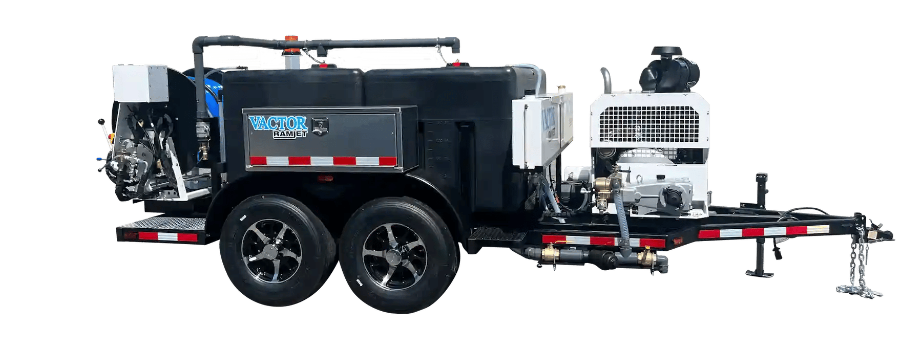 Vactor Ramjet trailer jetter, featuring a water tank, hose reel system, and high-pressure cleaning equipment designed for sewer and pipeline maintenance.
