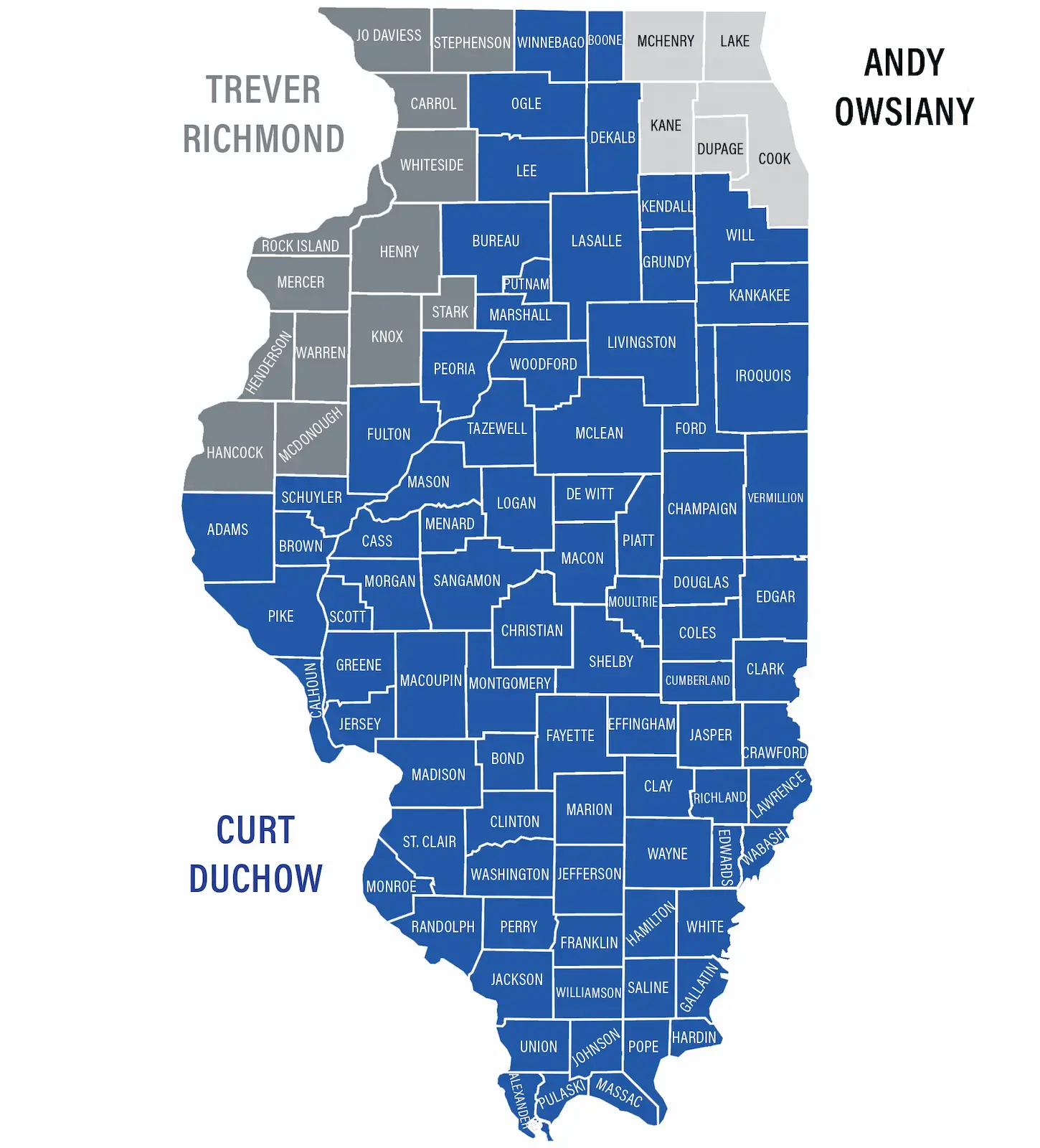 Illinois county map showing MacQueen Fire Equipment sales representative territories for firefighting equipment, SCBA, turnout gear, and more